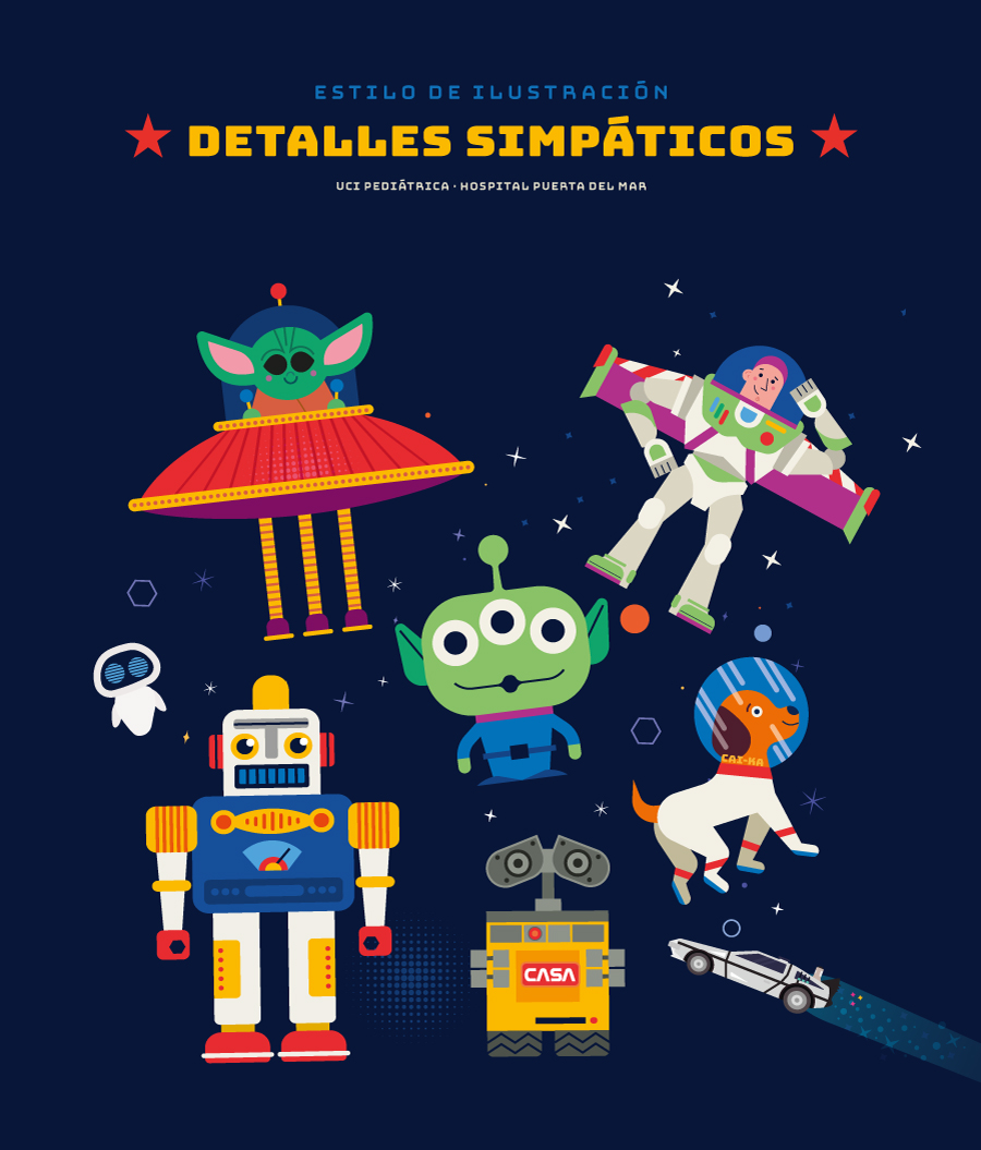 Varios personajes como robots y aliens en un estilo de ilustración amigable y colorido, destinados a la decoración hospitalaria