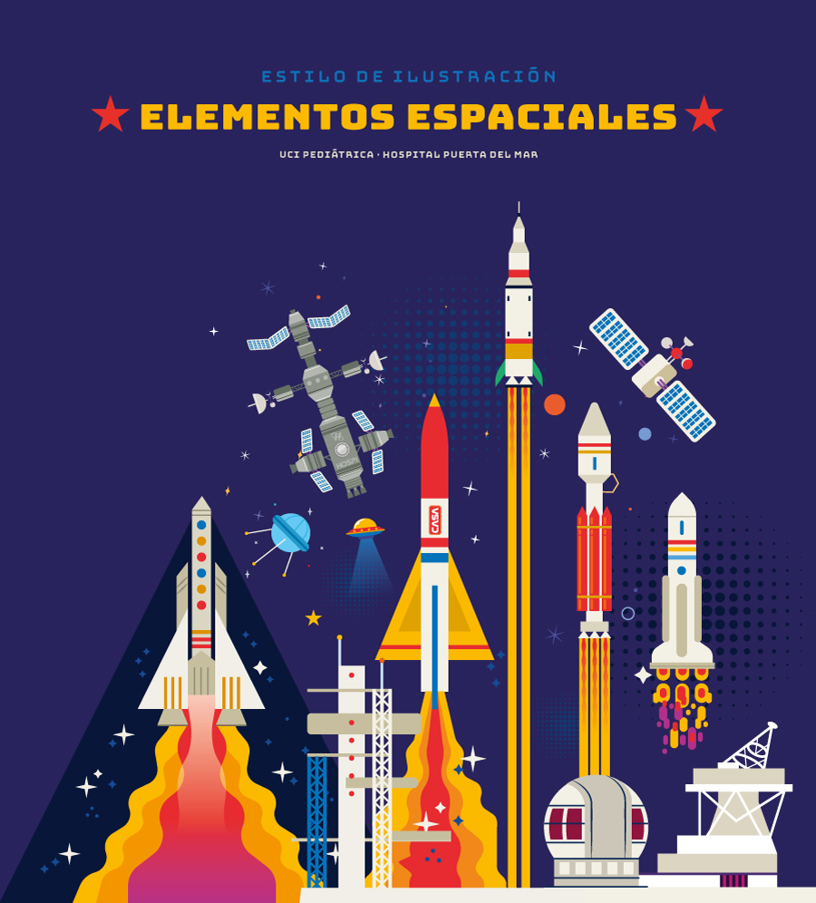 Una variedad de cohetes, satélites y una estación espacial ilustrados en un estilo vibrante y colorido, destinados a decorar la UCI Pediátrica