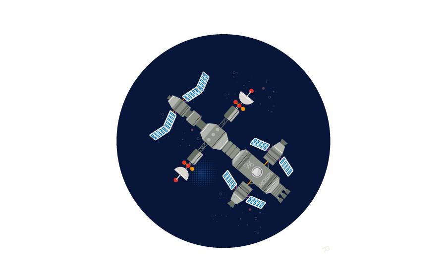 Ilustración de una estación espacial con múltiples módulos y paneles solares, flotando en el espacio sobre un fondo oscuro con estrellas