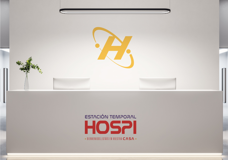 Área de recepción del hospital decorada con el logo de la 'Estación Temporal Hospi', creando un ambiente cálido y acogedor.