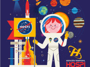 Ilustración de la Estación Temporal Hospi con un astronauta infantil sonriente, rodeado de planetas coloridos y elementos espaciales como cohetes y estrellas, promoviendo un entorno alegre en la UCI Pediátrica