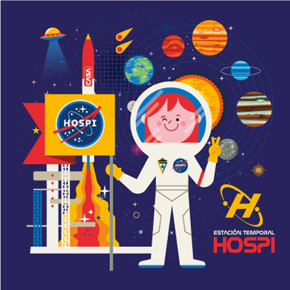 Ilustración de la Estación Temporal Hospi con un astronauta infantil sonriente, rodeado de planetas coloridos y elementos espaciales como cohetes y estrellas, promoviendo un entorno alegre en la UCI Pediátrica
